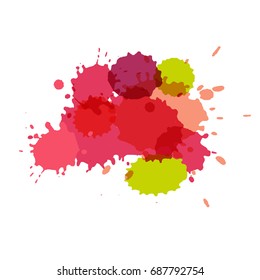 Watercolor splashes. Paint vector splat. Stains grunge texture. Isolated on white background. Pink, green, purple and red colors