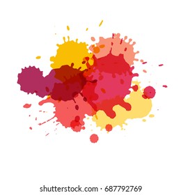 Watercolor splashes. Paint vector splat. 
Stains grunge texture. Isolated on white background. Pink, yellow, purple and red colors