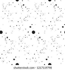Watercolor splashes seamless pattern. Black ink dots on white background. Hand drawn splash splatter spray vector texture. Brush painted stains. For art, fabric print, wrapping paper, scrapbooking.