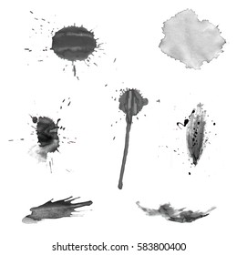 Watercolor splashes. Set of watercolor stains. Paint spots. The black. Vector illustration
