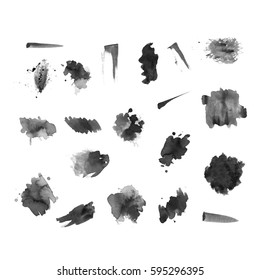 Watercolor splashes. Set of watercolor stains. Paint spots. The black. Vector illustration