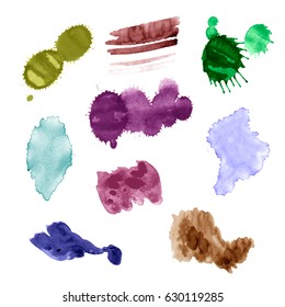 Watercolor splashes. Set of watercolor stains. Paint spots. The black. Vector illustration
