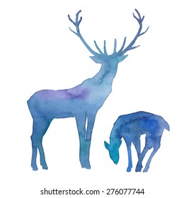 Watercolor splashes silhouettes of deers. Deer family. Hand drawn wildlife illustration in vector.