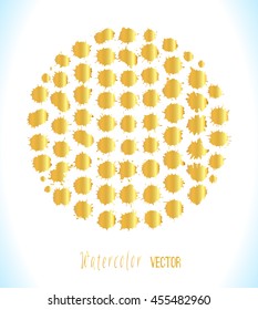 Watercolor splashes and stain texture. Vector gold illustration
