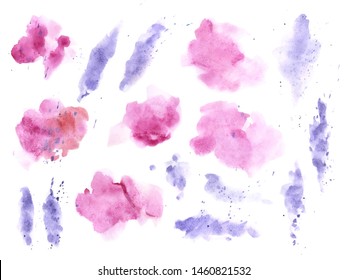 Watercolor splashes texture background. Hand drawn blue and purple blots drawing. Splattered lavander backdrop. Abstract violet smudges illustration. Realistic paint drops effect for postcard, banner