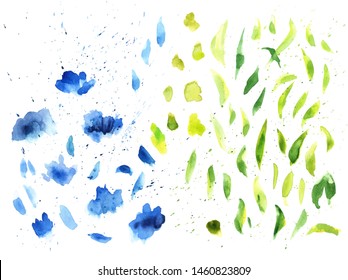 Watercolor splashes texture vector background. Hand drawn blue and green blots drawing. Splattered backdrop. Abstract cornflower smudges illustration. Realistic paint green leaves drops effect 