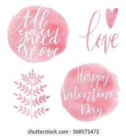 Watercolor splatters with typography and floral ornament. Vector