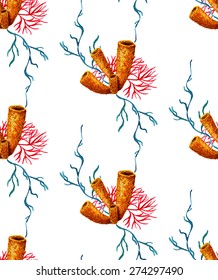 Watercolor Sponge & Coral seamless pattern on white background. Watercolor texture. Cloth & rug design. Yellow, red & white vector backdrop. Used for pattern fills, web page backdrop, surface texture.