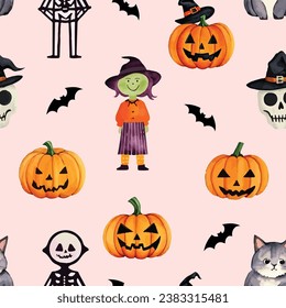 Watercolor spooky halloween seamless pattern