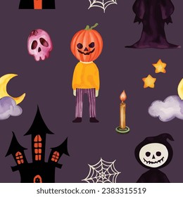 Watercolor spooky halloween seamless pattern