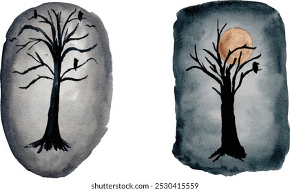 watercolor spooky tree landscape with moon and crow vector