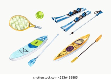 Watercolor sport equipment elements collection