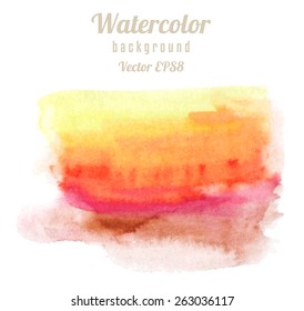 Watercolor spot. Abstract wet watercolor background. Graded wash technique with different colors. Grunge hand drawn background. Vector illustration. 