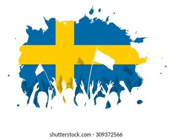 Watercolor spot design with cheering, celebrating or protesting crowd of people with Sweden flag