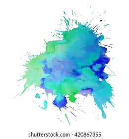 Watercolor spot with droplets, smudges, stains, splashes. Colorful multicolor blot in grunge style. To design and decor backgrounds, banners, flyers.