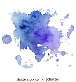 Watercolor spot with droplets, smudges, stains, splashes. Colorful multicolor blot in grunge style. To design and decor backgrounds, banners, flyers.