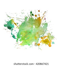 Watercolor spot with droplets, smudges, stains, splashes. Colorful multicolor blot in grunge style. To design and decor backgrounds, banners, flyers.