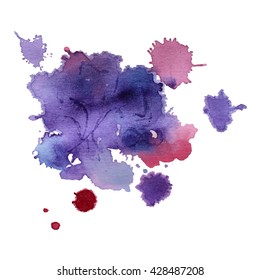 Watercolor spot with droplets, smudges, stains, splashes. Colorful multicolor blot in grunge style. To design and decor backgrounds, banners, flyers.