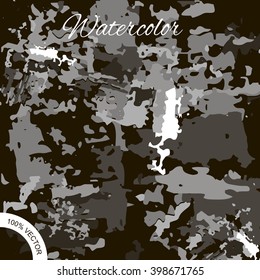 Watercolor spots for design background, gray palette, splashes of paint on a black background