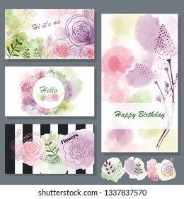 watercolor spots of pink, lilac, green on a white background with a counter-image of flowers and leaves