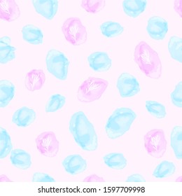 watercolor spots seamless pattern in pink and blue with hand drawing style branch of leaves in white color / fabric pattern/ wallpaper design    
