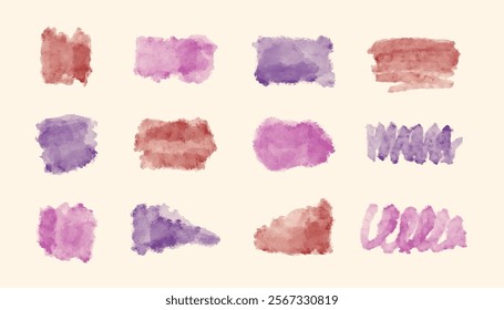 Watercolor spots and stains, transparent paint strokes, abstract graphic design set, splashes, colorful decor. Vector elements.