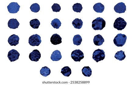 Сollection of watercolor spotty stains blobs brushes. Blue set of watercolor splashes on white background. Scatter brashes. Stroke collection. Vector illustration.