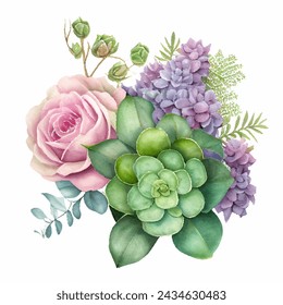 Aquarell Feder Bouquet Vektor-Illustration isoliert auf weißem Hintergrund. Lebendiger Strauß rosa Rosen, violette Blumen und grüne Sukkulenten. Lose angeordnete Blüten