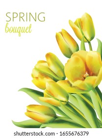 Watercolor spring bouquet of yellow tulip flowers with green leaves