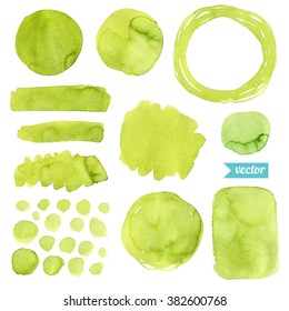 Watercolor spring bright yellow green vector stains design elements isolated on white background