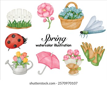 Watercolor Spring Clip Art Set - Hand-painted Collection of Spring Elements Including Flowers, Basket of Blooms, Ladybug, Dragonfly, Watering Can, Gardening Gloves, Umbrella, and Bouquet - Perfect for