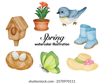 Watercolor Spring Elements Clip Art Set - Hand-painted Collection Featuring Birdhouse, Flower Pot, Bluebird, Rain Boots, Butterfly, Bird Nest with Eggs, and Sun Hat with Flowers