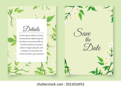 Watercolor spring floral and leaves wedding invitation card
