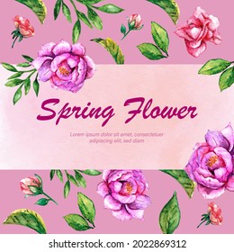 Watercolor spring flowers card pink background