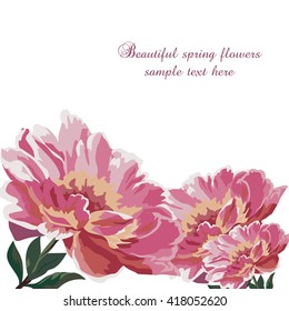 Watercolor Spring flowers peonies pattern. Vector beautiful peony flowers background with place for text. Flourish flowers background for greeting cards, wedding, fabrics, textile