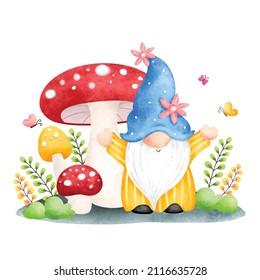 
Watercolor spring gnome in the garden. 