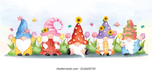 
Watercolor spring gnome in the garden banner background 