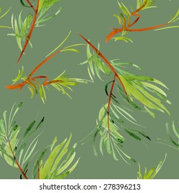 Watercolor spring green Branches seamless pattern on green background vector illustration