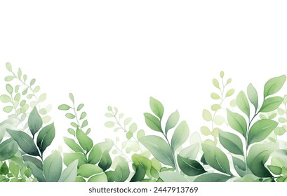 Watercolor spring greenery vector illustration. A fresh and airy spring or summer design element. This hand-painted watercolor illustration features a border of soft green leaves on a crisp white back