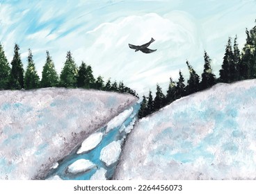 Watercolor spring landscape. Green fir trees growing in an open clearing. A bird is flying in the sky. Vector illustration.