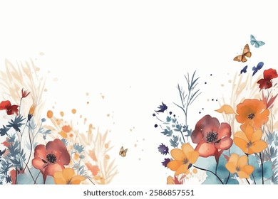 Watercolor spring scene, adorned with colorful flowers and fluttering butterflies.