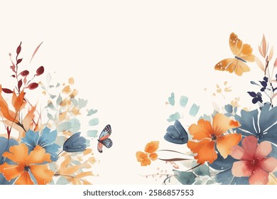 Watercolor spring scene, adorned with colorful flowers and fluttering butterflies.