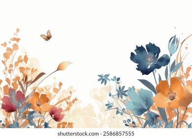 Watercolor spring scene, adorned with colorful flowers and fluttering butterflies.