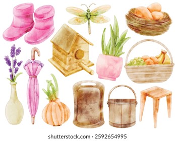 Watercolor Spring Season Illustration Set - Hand-Painted, Fresh, Nature-Inspired - Rain Boots, Birdhouse, Flowers, Umbrella, Basket of Fruits, Dragonfly, Wooden Stool, Vector Illustration