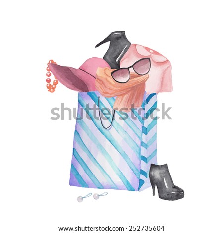 Watercolor spring shopping card. Hand drawn sale illustration with package, hat, shoes, sunglasses,scarf, blouse, bracelet. Vector fashion objects isolated on white background. Fashion shopping vector