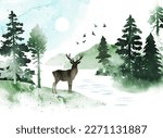 Watercolor spring vector landscape in green colors. Illustration of mountains, forest, deer ​and birds under blue sky. Silhouette of animal and birds