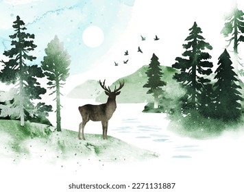 Watercolor spring vector landscape in green colors. Illustration of mountains, forest, deer ​and birds under blue sky. Silhouette of animal and birds