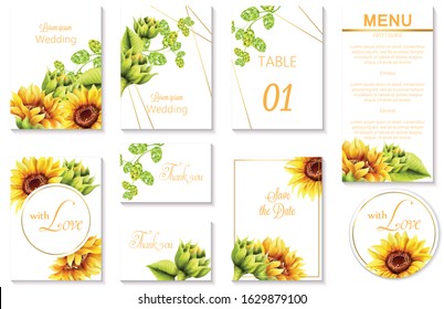 Watercolor spring wedding event invitation cards with green artichoke and sunflower