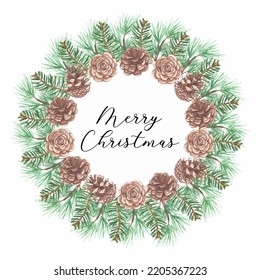 Watercolor spruce wreath with cones. Hand painted holiday frame with wild plants. Floral illustration for design, print, fabric or background. Pine cone, green branches