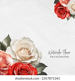 Watercolor square background, flowers hand painted roses with different color. Design concept for card background, social media post, poster, banner, etc.